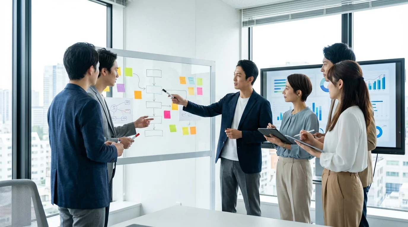 Professional team brainstorming session in a modern office focusing on customer journey mapping and digital marketing strategies for increasing retention in e-commerce.