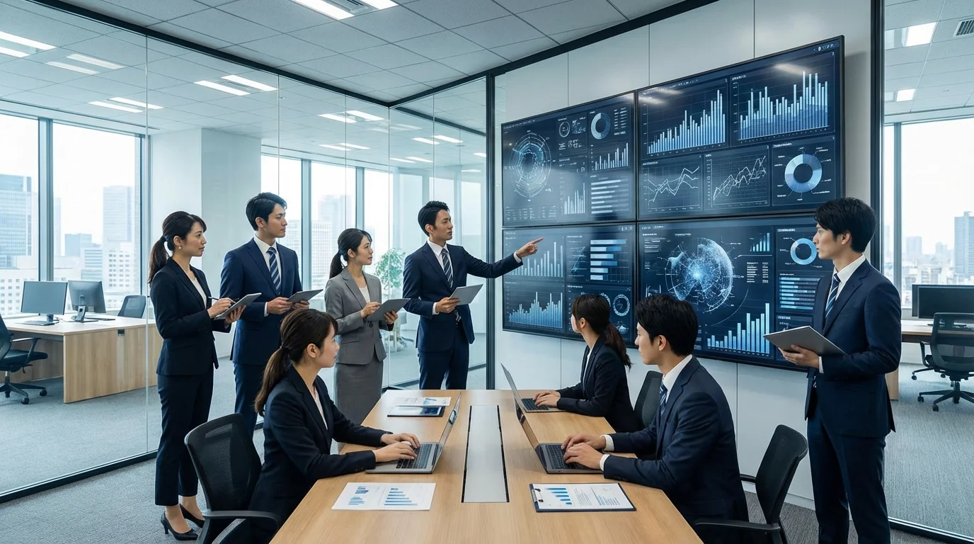 A professional business setting showing diverse team members analyzing e-commerce data on large screens, illustrating the complex nature of modern digital retail management.