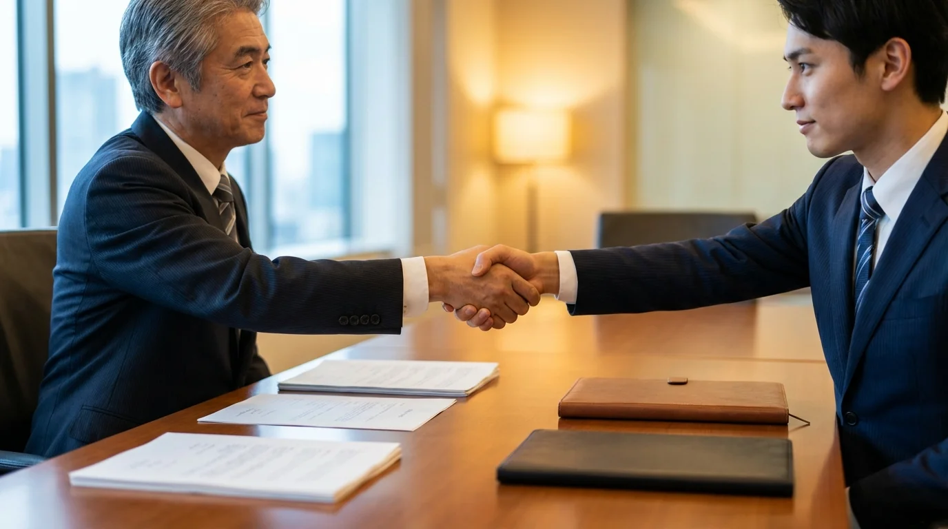 Strategic partnership concept showing a firm handshake over a desk with business documents, representing the trust and collaboration required between a manufacturer and an EC agency.