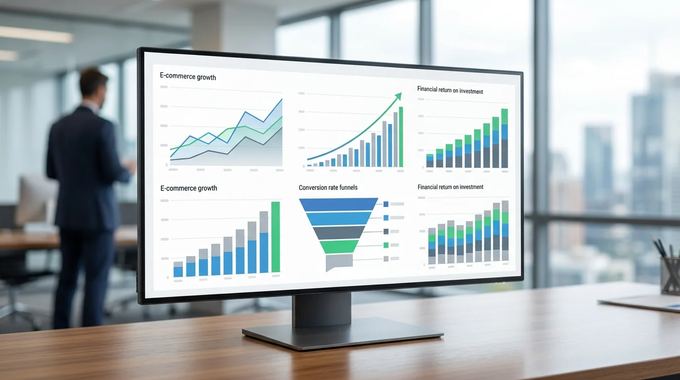 Data visualization dashboard showing e-commerce growth metrics, conversion rates, and financial ROI trends on a sleek monitor. Professional business intelligence focus.