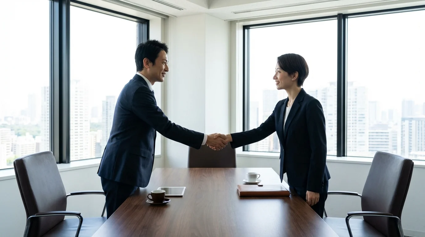 Two business professionals shaking hands over a wooden table, suggesting a solid B2B agreement. Professional and strategic atmosphere.