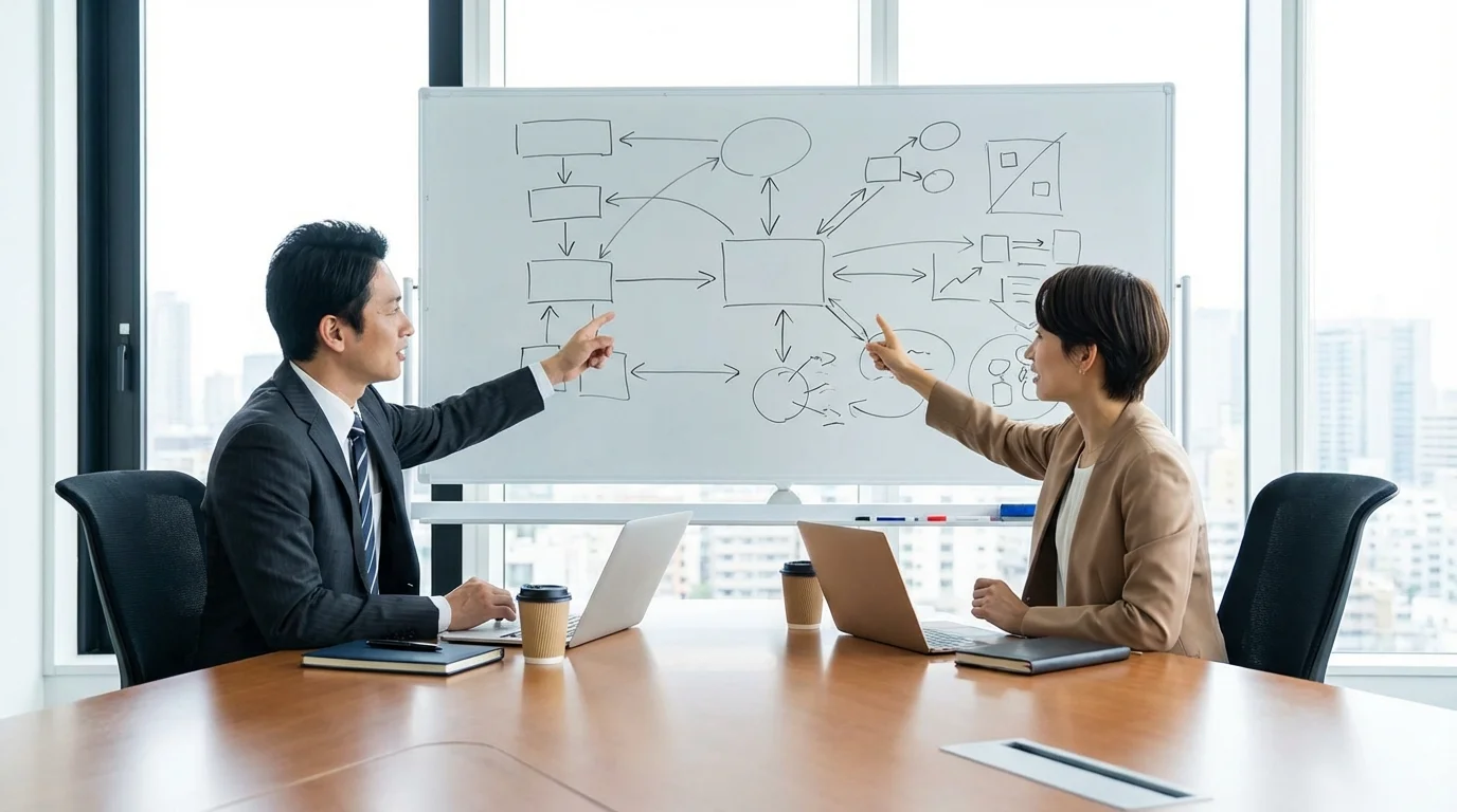 A collaborative business meeting between a consultant and a business owner, discussing e-commerce strategy and market positioning on a whiteboard with logical framework diagrams.