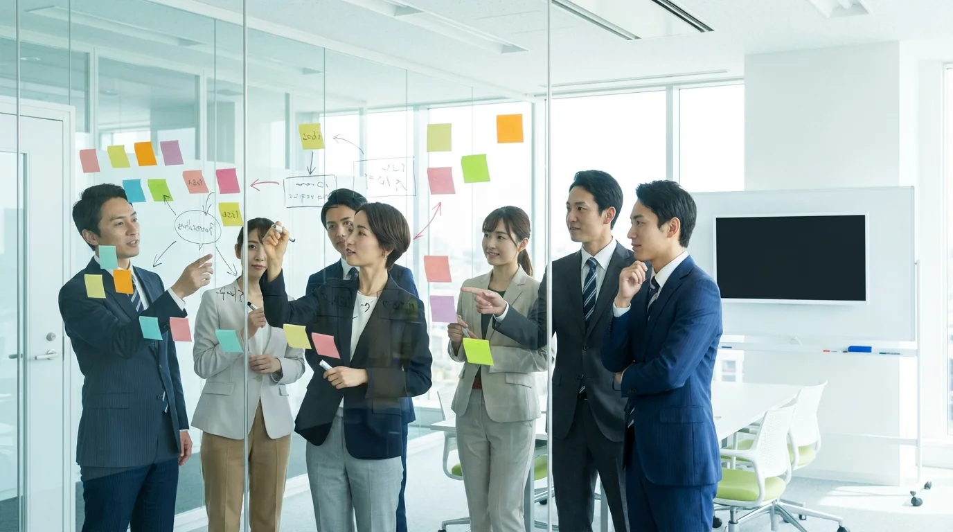 A team of strategic business consultants conducting a high-level workshop on enterprise digital transformation, using post-it notes and flowcharts on a glass wall to map out the customer journey and organizational growth steps.