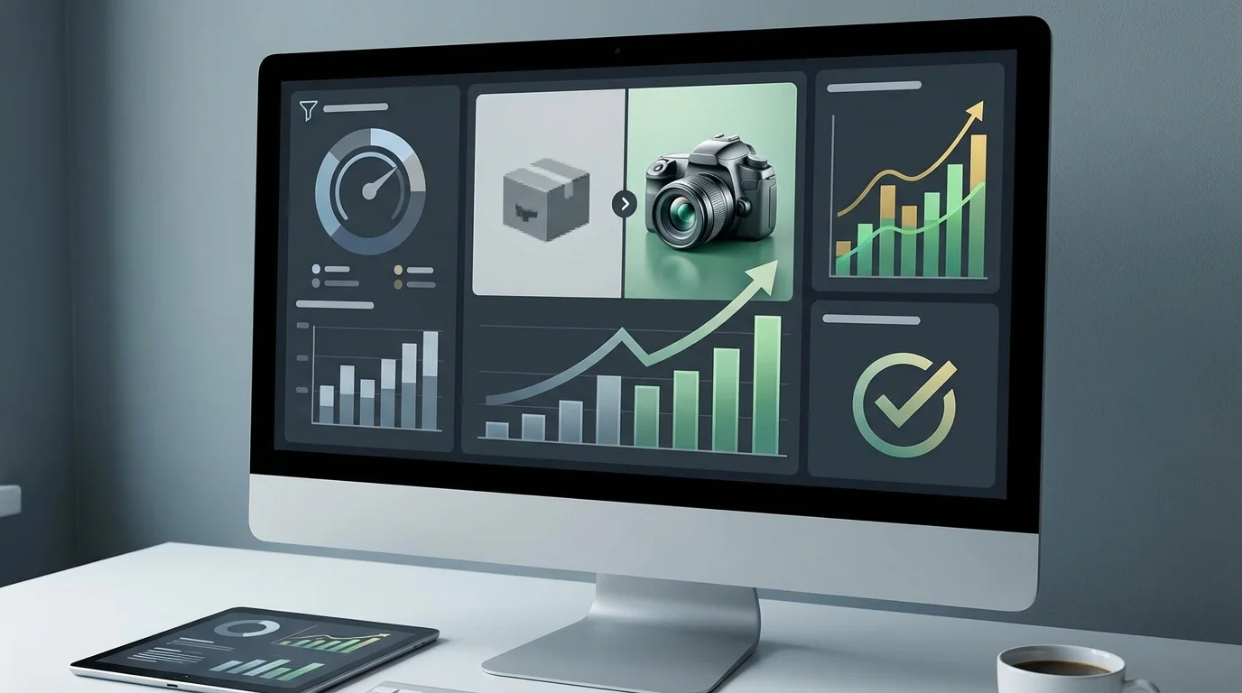 E-commerce data analysis dashboard showing conversion rate metrics and product performance charts, emphasizing the business impact of high-quality product assets.