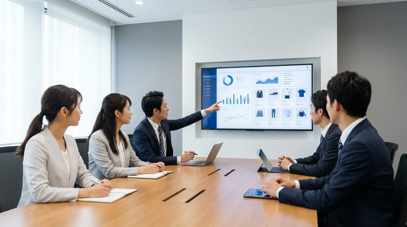 Professional team reviewing e-commerce visual merchandising strategies on a large screen, focusing on technical SEO and conversion optimization through content quality.