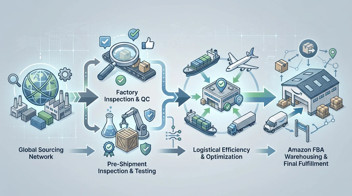 A detailed business infographic showing the flow of product sourcing from international manufacturers to Amazon FBA warehouses, emphasizing quality control checkpoints and logistical efficiency for private label goods.