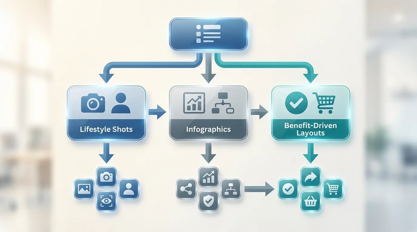 A professional marketing flowchart showing visual hierarchy for e-commerce product pages, including lifestyle shots, infographics, and benefit-driven layouts.