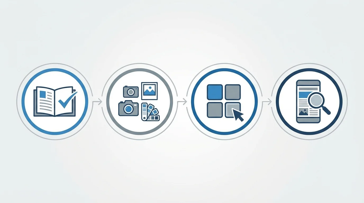 A high-quality business infographic showcasing the strategic design process for Amazon, featuring icons for registry, visual asset preparation, module selection, and content optimization for mobile interfaces to improve user experience.