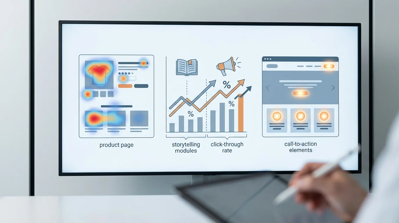 A detailed analytical visualization showing conversion rate optimization metrics for an Amazon storefront, including heatmaps of user interaction, click-through rate improvements after implementing storytelling modules, and strategic placement of call-to-action elements.