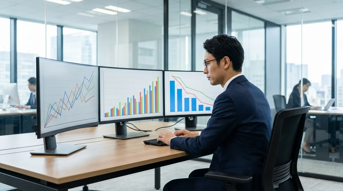 A professional business person analyzing data on multiple monitors with line graphs and bar charts representing profit margins and growth trends in a corporate office.