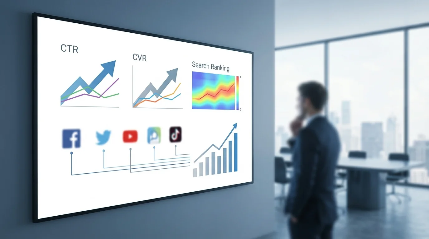 Business dashboard showing key performance indicators for sellers, including CTR, CVR, and organic search ranking improvements linked to external marketing campaigns.