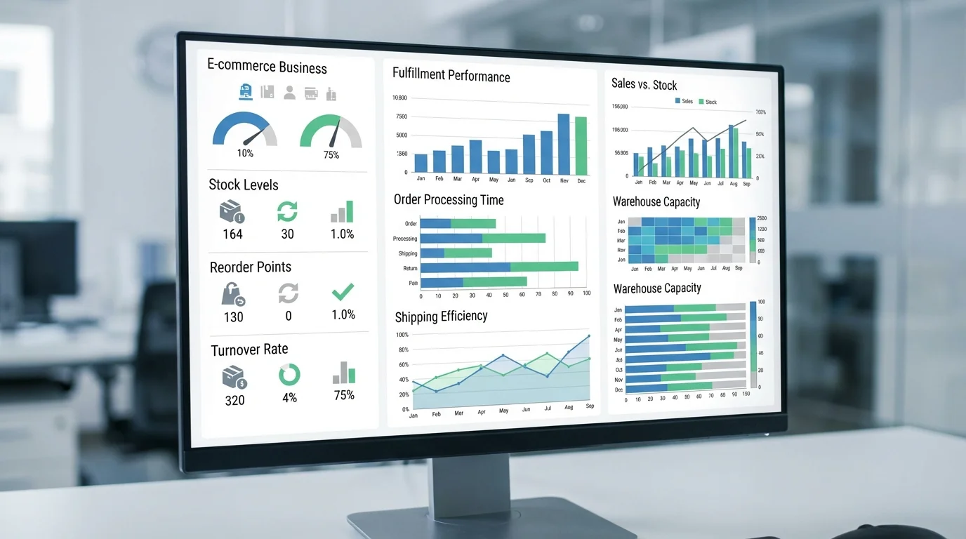 Detailed close-up of a digital dashboard showing inventory management metrics, stock levels, and fulfillment performance data for an e-commerce business using cloud-based software.