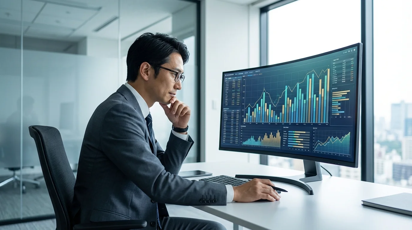 Business professional analyzing financial growth charts and e-commerce sales trends on a computer screen to optimize return on investment and marketing spend.