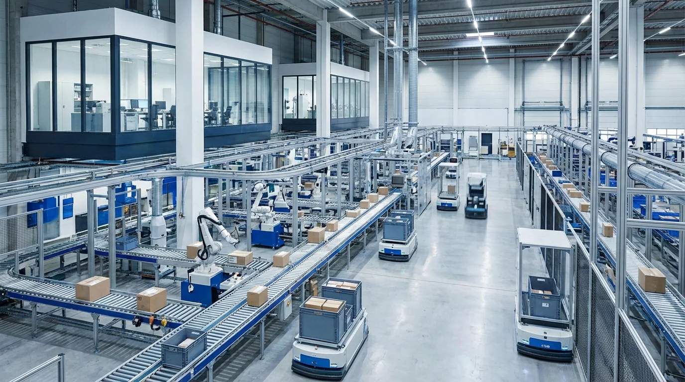 A sophisticated logistics warehouse visualization showing automated sorting systems and high-speed delivery networks that represent the efficiency of a global fulfillment service for online merchants.