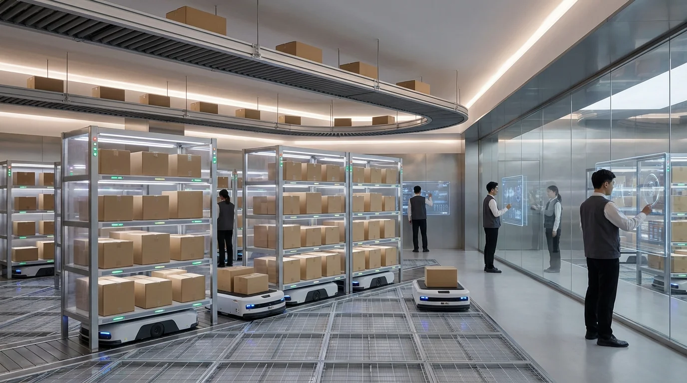 A high-tech logistics warehouse conceptual image showing automated inventory tracking systems and smart shelving to optimize the supply chain and prevent stockouts in e-commerce business.