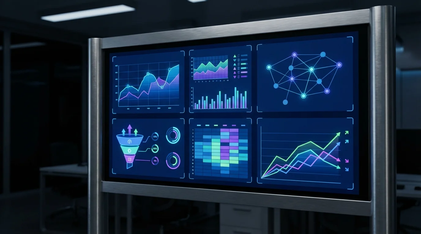 A high-tech digital interface showing complex data analytics for e-commerce performance, focusing on conversion rates, external traffic sources, and organic keyword ranking trends on a dark blue background.