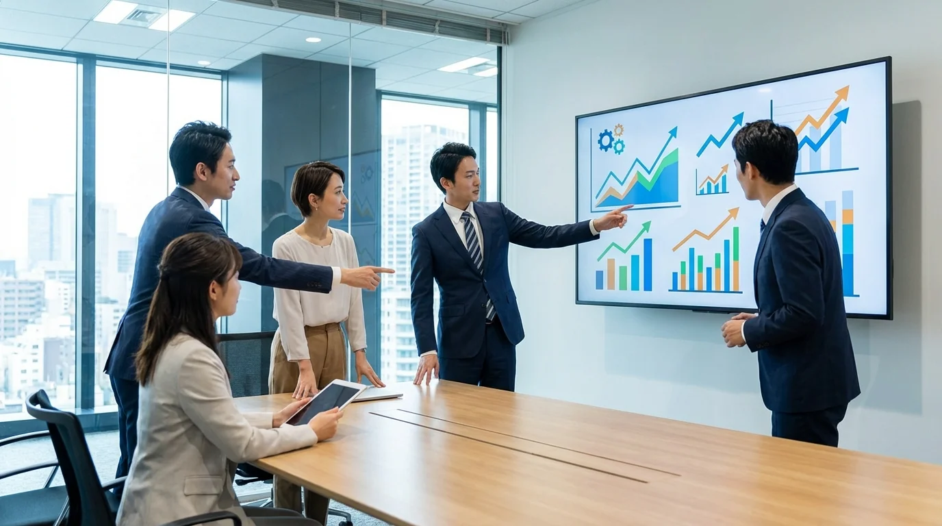 A professional business setting where a team is discussing digital marketing strategy, looking at charts and graphs on a large screen that represent multi-channel traffic growth and ROI optimization.
