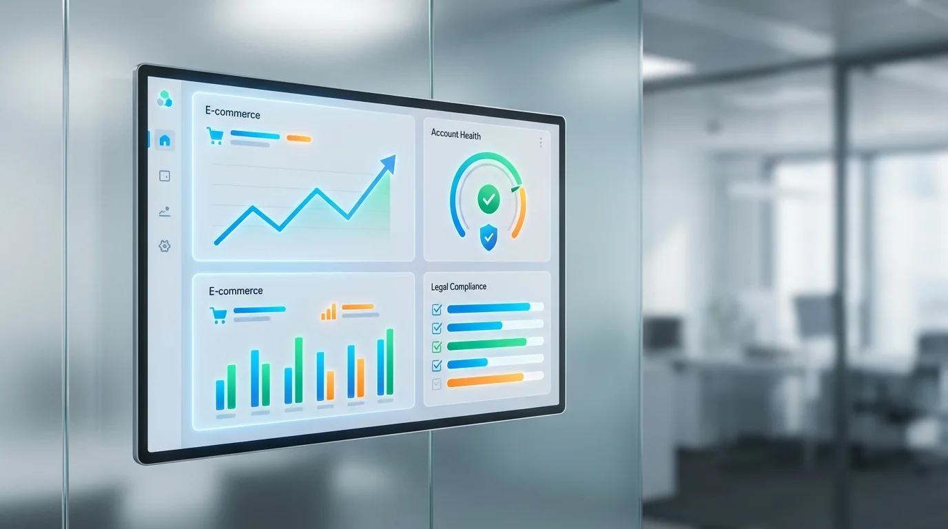 High-tech data dashboard visualization showing e-commerce performance metrics, account health status indicators, and legal compliance tracking for Amazon sellers, designed with professional business aesthetics.