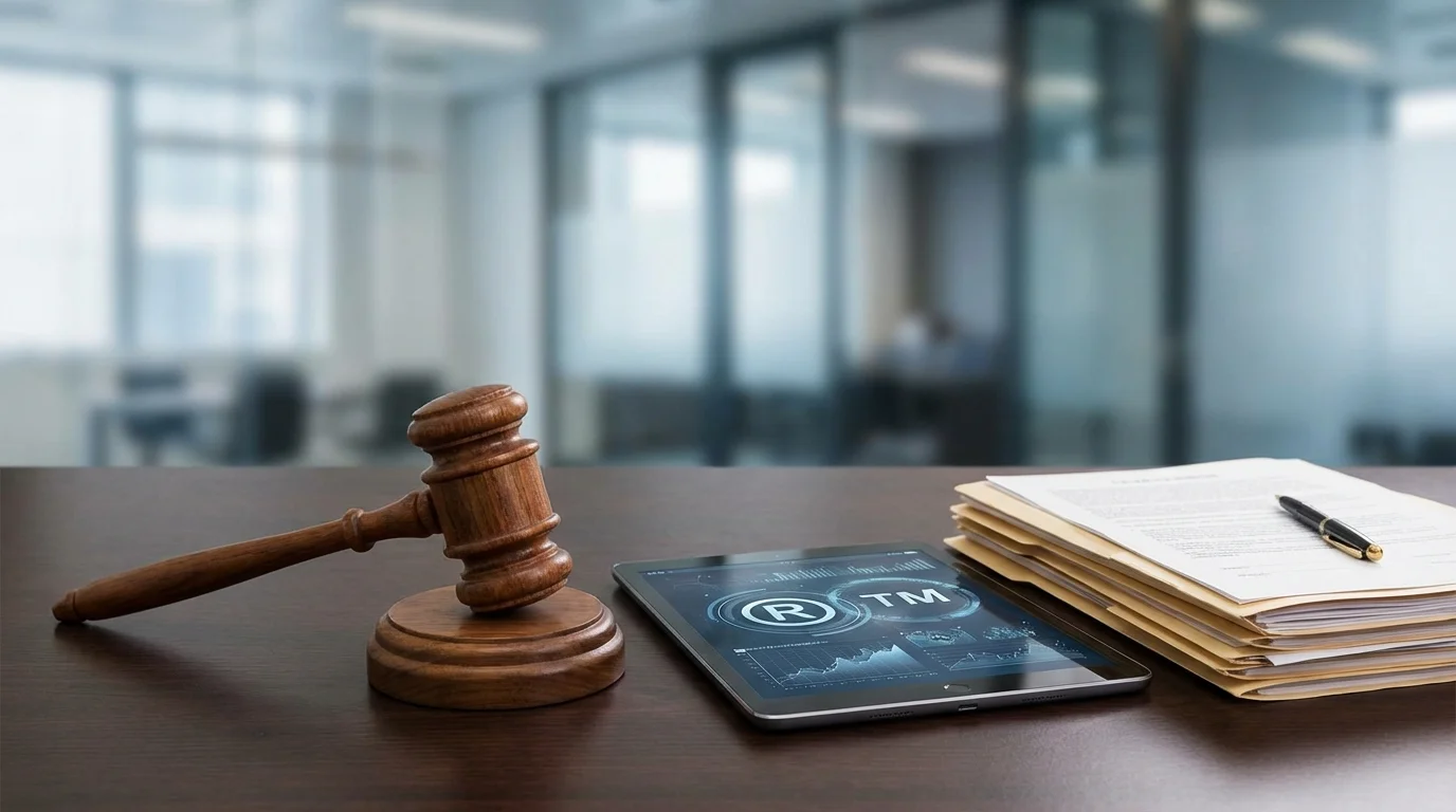 Professional legal and business concept image featuring a wooden gavel, a digital tablet with trademark symbols, and corporate documents, representing the intersection of law and e-commerce brand protection.