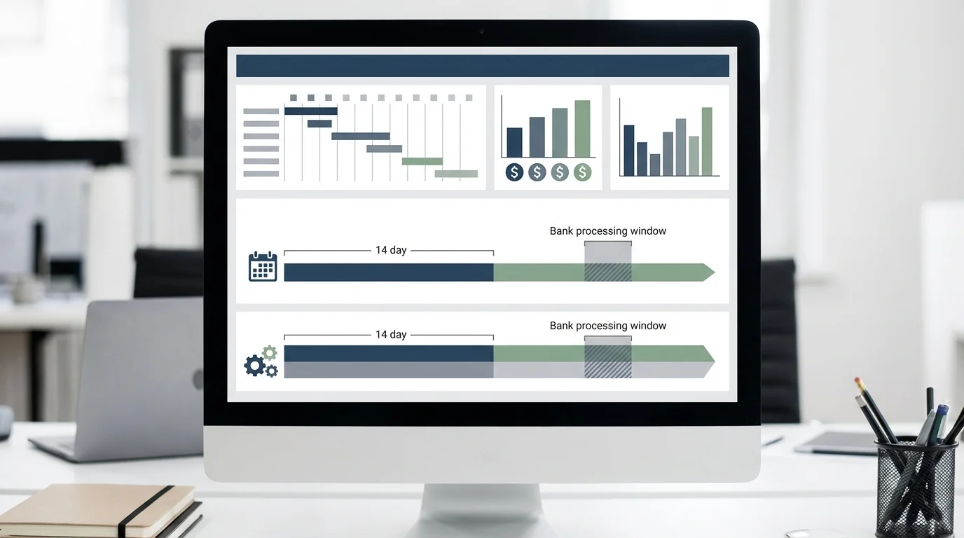 A professional business dashboard displaying financial disbursement timelines, showing 14-day intervals and bank processing periods for Amazon sellers to visualize cash flow management.