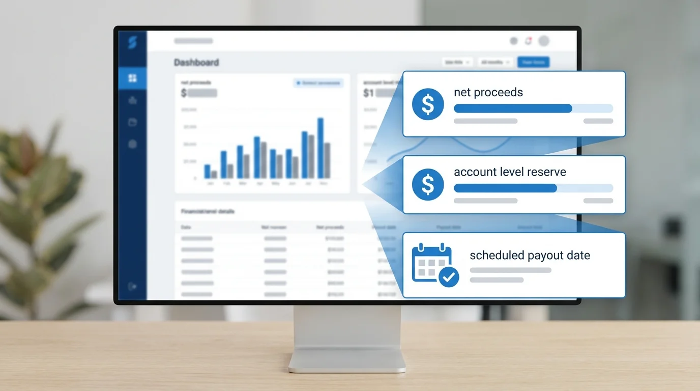 Screenshot of an Amazon Seller Central payment report interface, highlighting the net proceeds, account level reserve, and scheduled payout date fields for financial analysis.