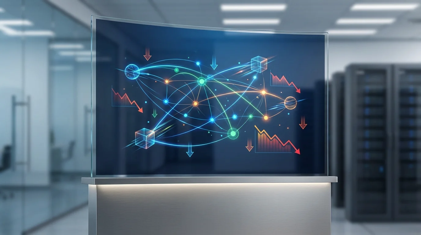 High-tech data visualization showing a network of price nodes on Amazon, illustrating how automated algorithms interact and the potential for rapid price drops in a competitive marketplace environment.