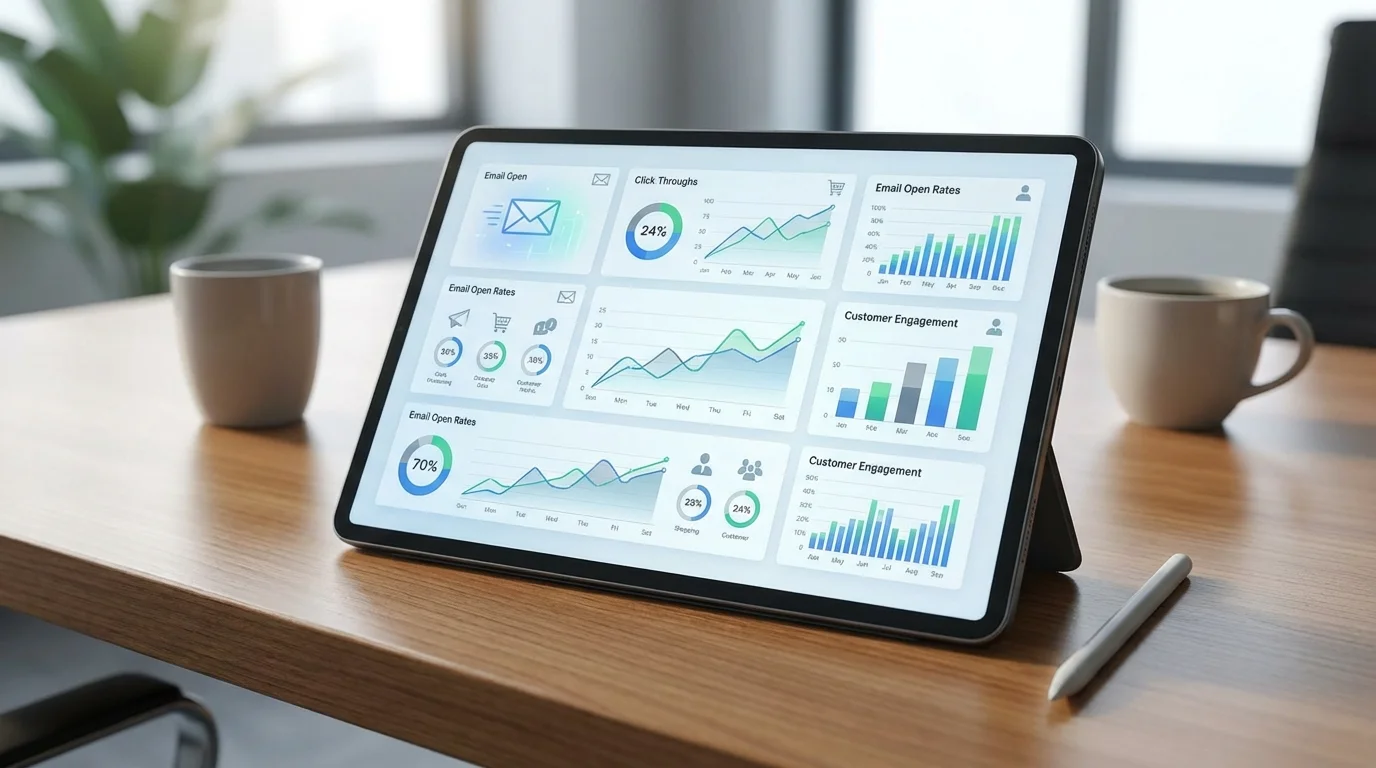Digital marketing dashboard showing email analytics and data visualization on a tablet. The image focuses on data-driven decision making in e-commerce CRM strategies.