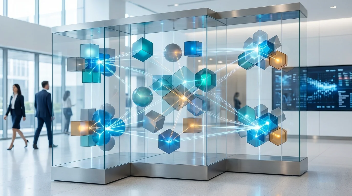 A representation of customer segmentation and data analytics using abstract geometric shapes and lines to visualize interconnected business nodes.