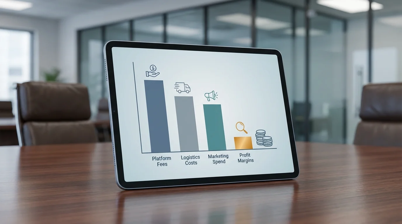 Detailed financial bar chart showing the breakdown of e-commerce expenses including platform fees, logistics costs, and marketing spend, highlighting the narrow profit margins.