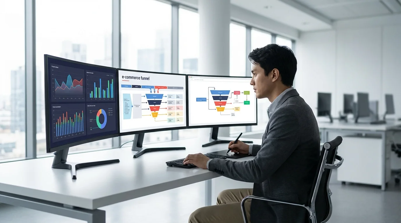A data analyst monitoring e-commerce conversion funnels and performance data on digital screens to optimize marketing efficiency.