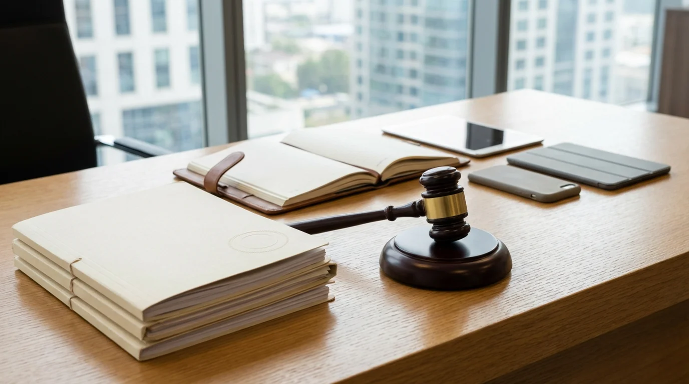 Legal compliance and regulatory documents on a wooden desk with a gavel, symbolizing e-commerce law, terms of service, and business ethics.