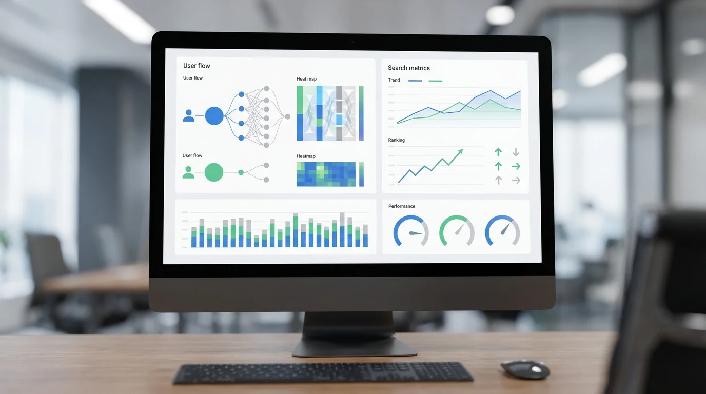 Technical dashboard displaying data visualization charts and graphs representing user behavior analysis and search engine ranking metrics in a business intelligence context.