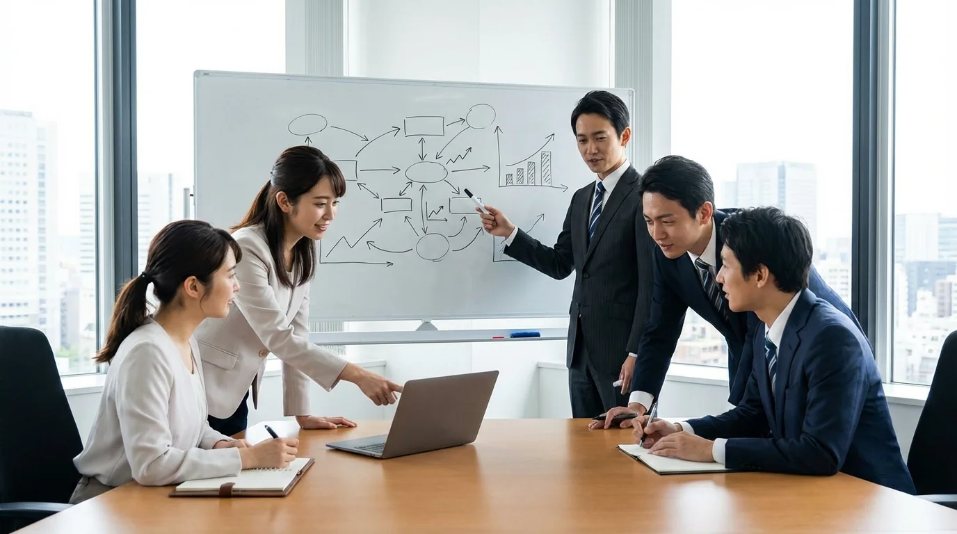 A professional business team collaborating in a meeting room with a whiteboard showing strategic planning diagrams and e-commerce growth roadmaps.