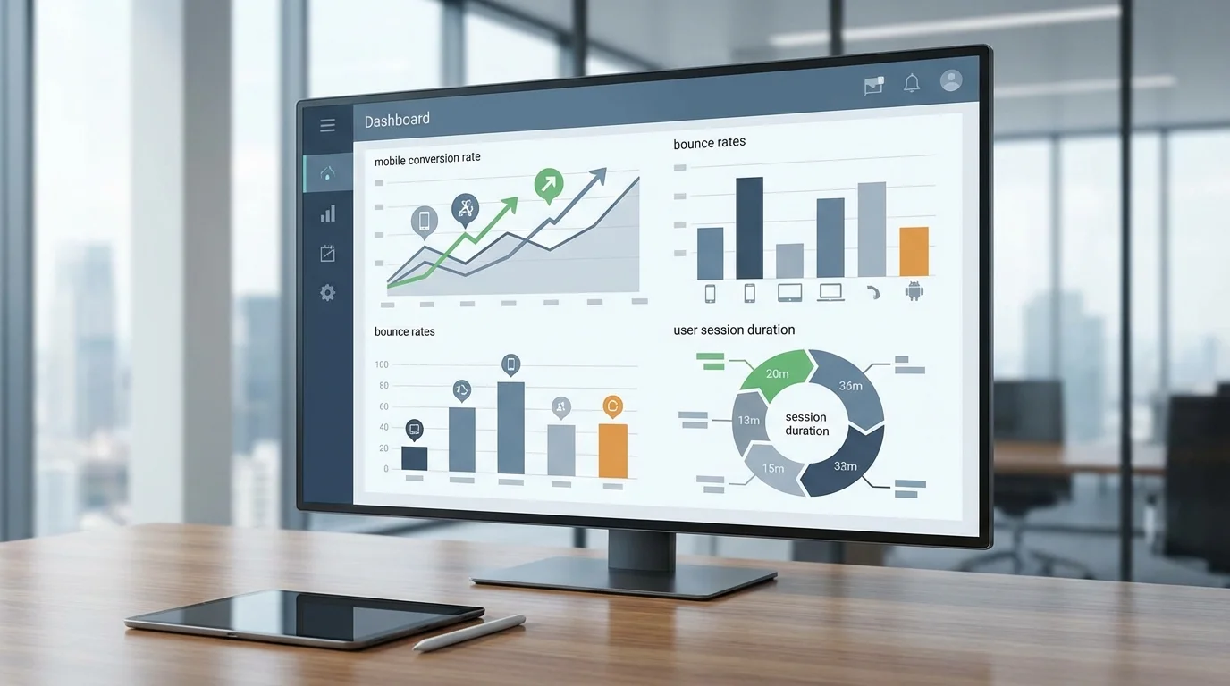 Detailed analytical dashboard showing mobile conversion rate metrics, bounce rates, and user session duration on a mobile e-commerce platform with professional data visualization charts.