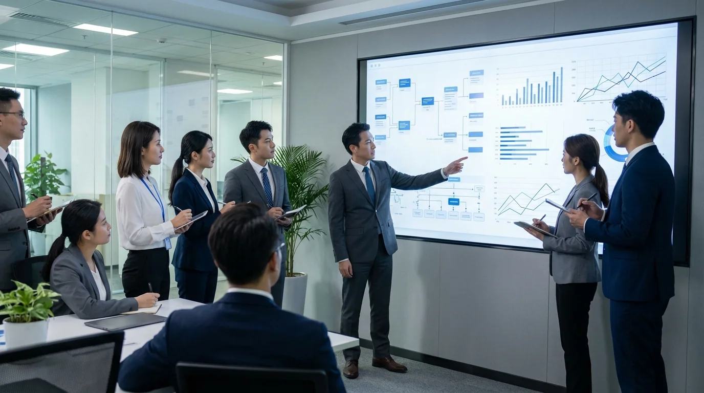 Professional business team analyzing digital marketing strategies on a large screen, focusing on optimization algorithms and customer journey mapping for a major retail platform.