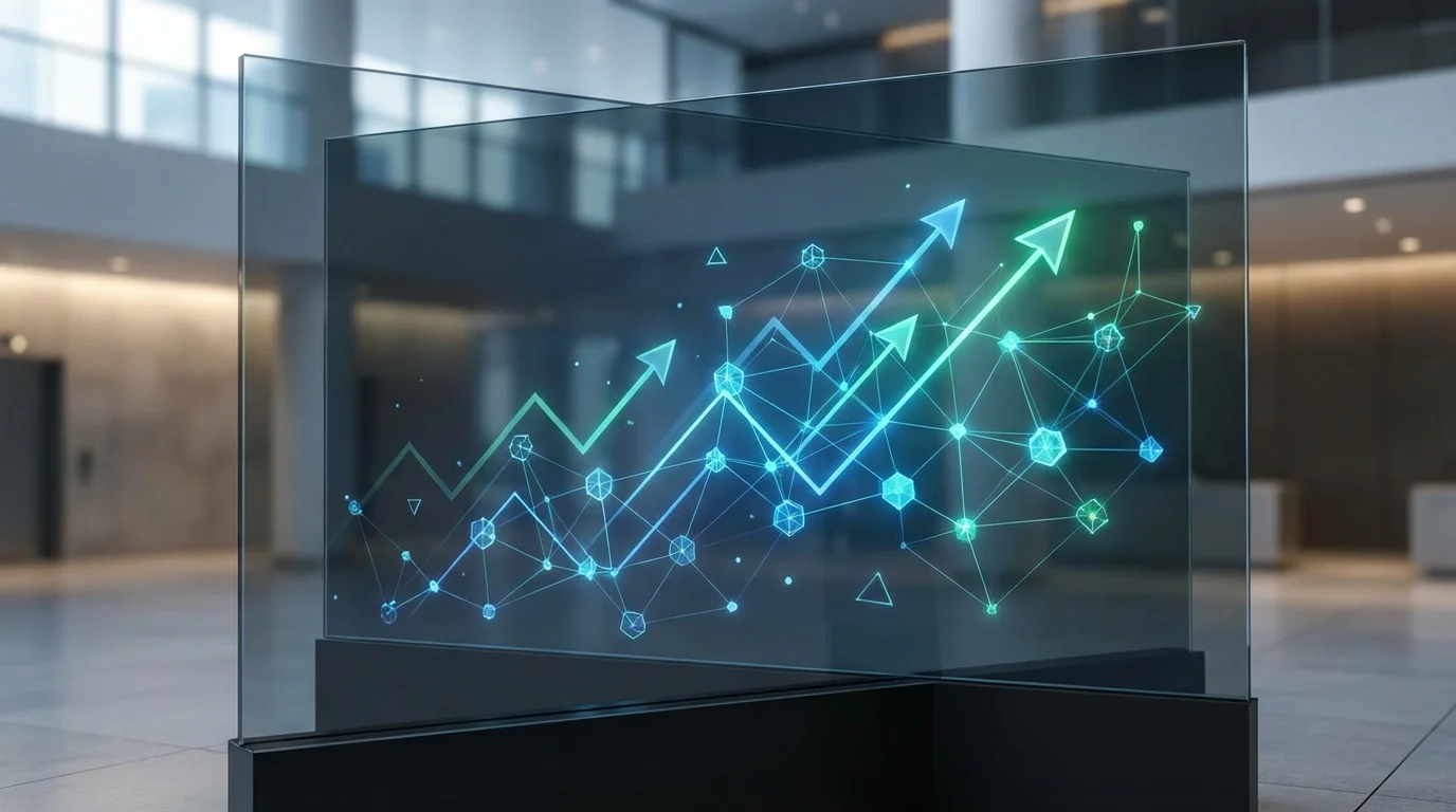 High-tech data visualization displaying interconnected nodes and business growth patterns, representing a strategic affiliate network and performance marketing infrastructure.