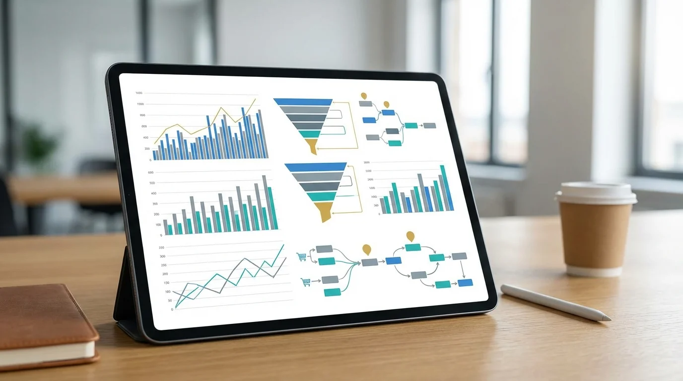 Close-up of a digital tablet showing e-commerce sales analytics, conversion funnels, and customer journey maps for professional business strategy development.