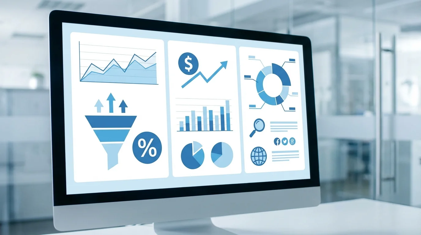 Professional data analysis screen showing e-commerce conversion rates, average order value, and traffic sources for an online marketplace store optimization strategy.