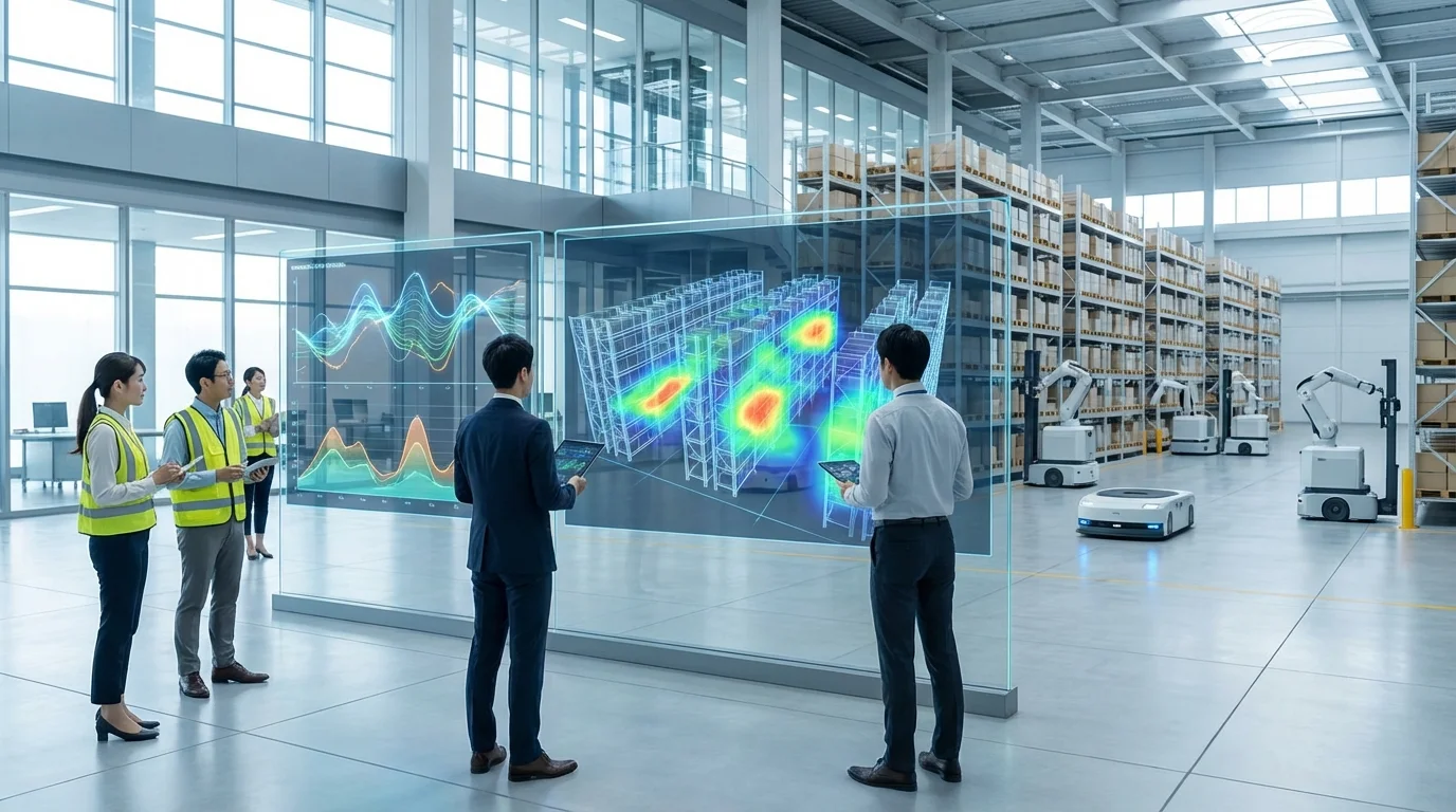 A high-tech warehouse management system using AI algorithms for demand forecasting and inventory optimization, visualizing data patterns to prevent overstock and stockouts in a modern logistics hub.