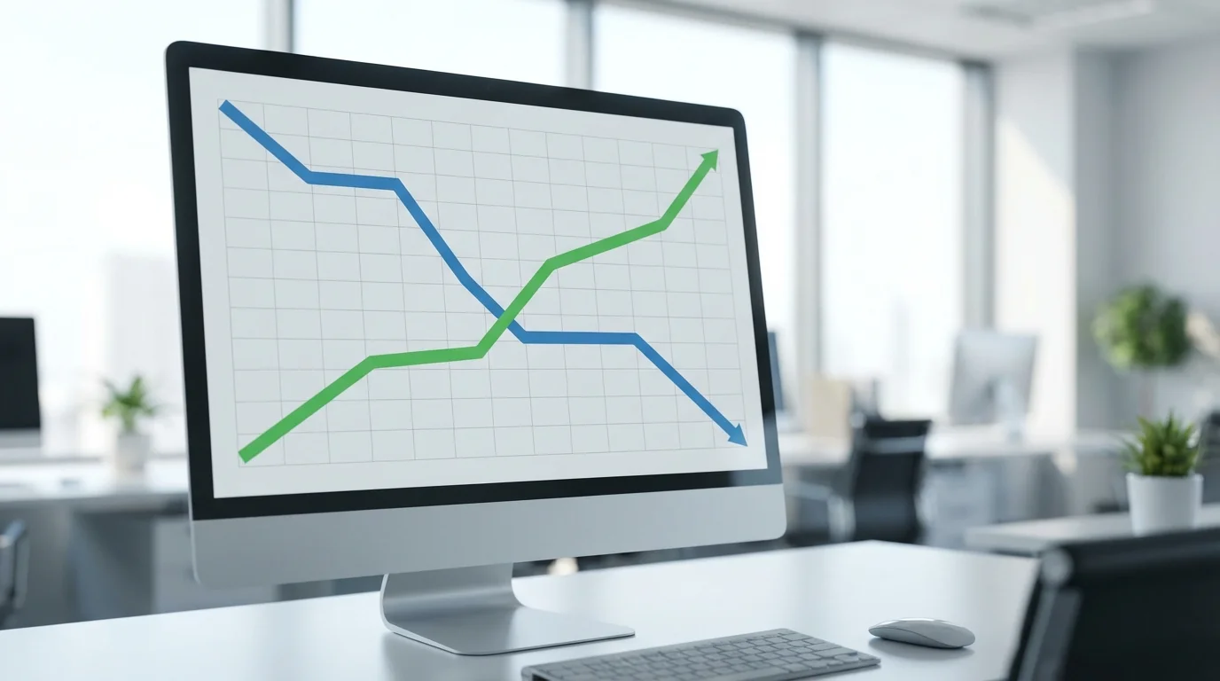 A professional analytics dashboard showing a significant downward trend in manual support volume alongside a rising line of automated resolution rates, presented on a high-resolution screen in a bright office environment, no text or logos.