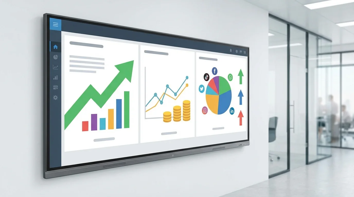 A professional analytics dashboard displaying marketing ROI, customer lifetime value metrics, and social media engagement rates through clean data visualization and financial growth indicators.