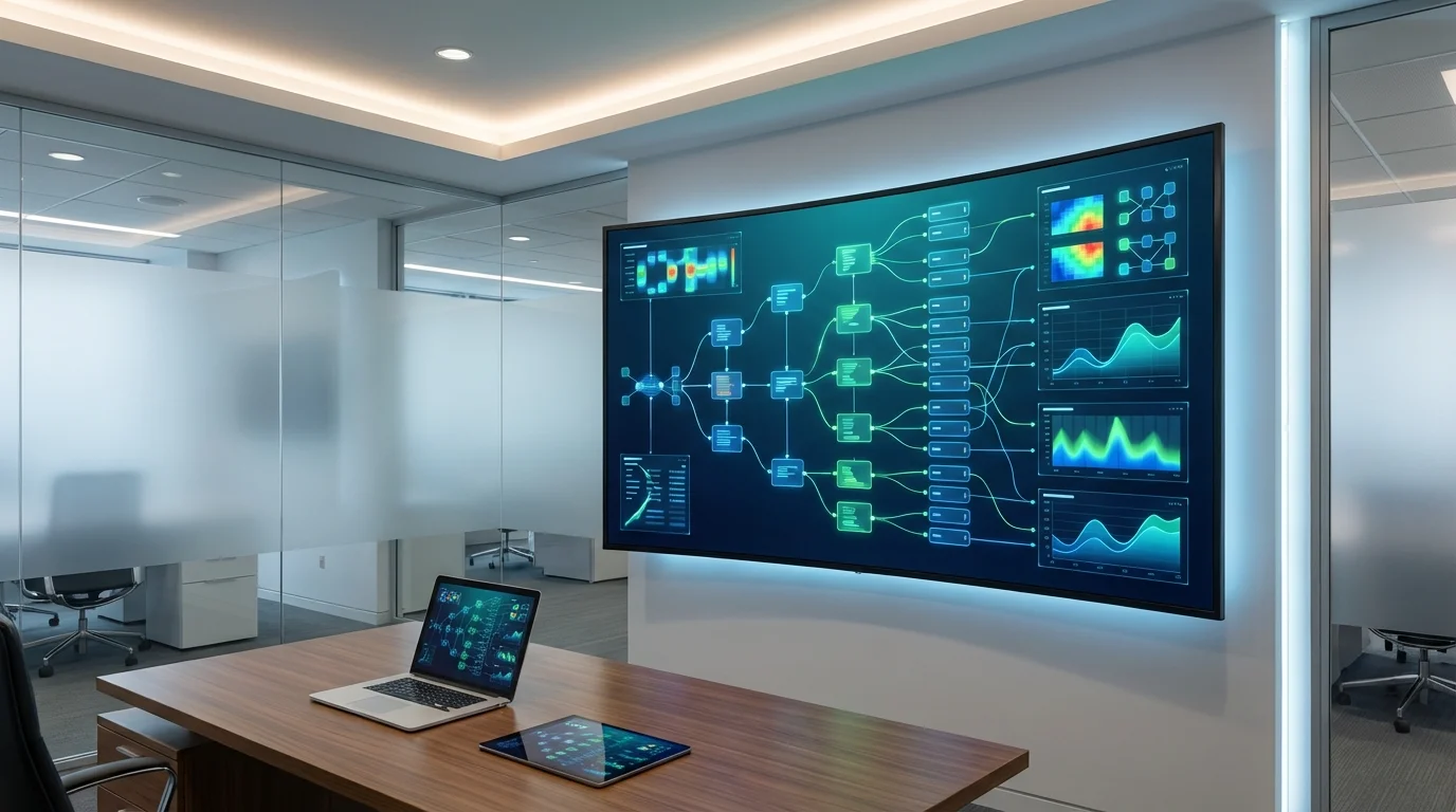 A high-tech business dashboard displaying complex data analytics, structural customer segmentation, and performance growth metrics in a clean professional environment.