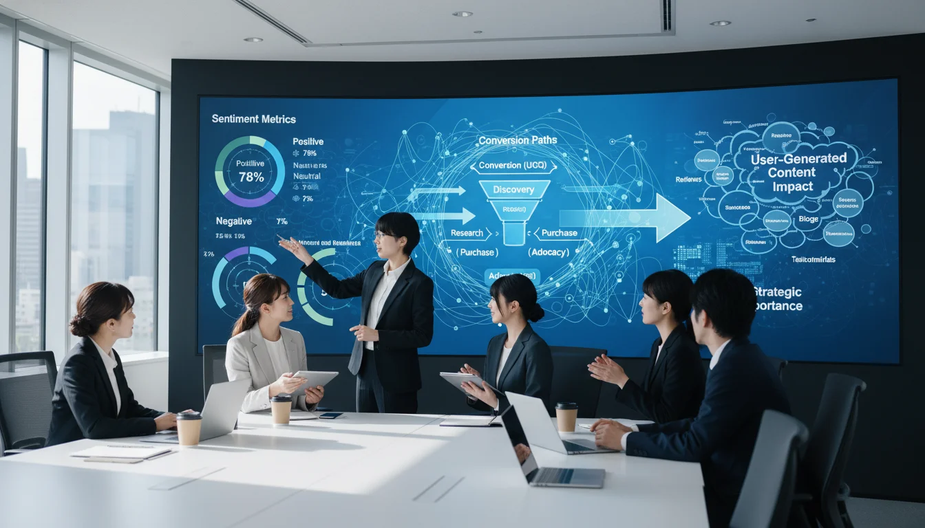 A professional team analyzing customer experience data on a large screen. The data shows various sentiment metrics and conversion paths, illustrating strategic importance of user-generated content.