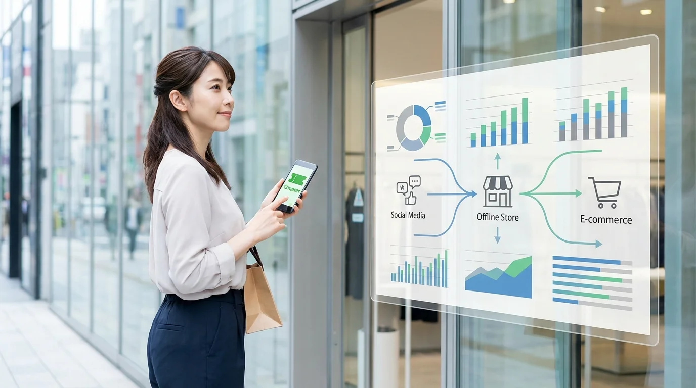 A detailed technical dashboard showing attribution analysis metrics for a multi-store retail business, highlighting customer touchpoints from social media ads to offline conversions and e-commerce purchases.