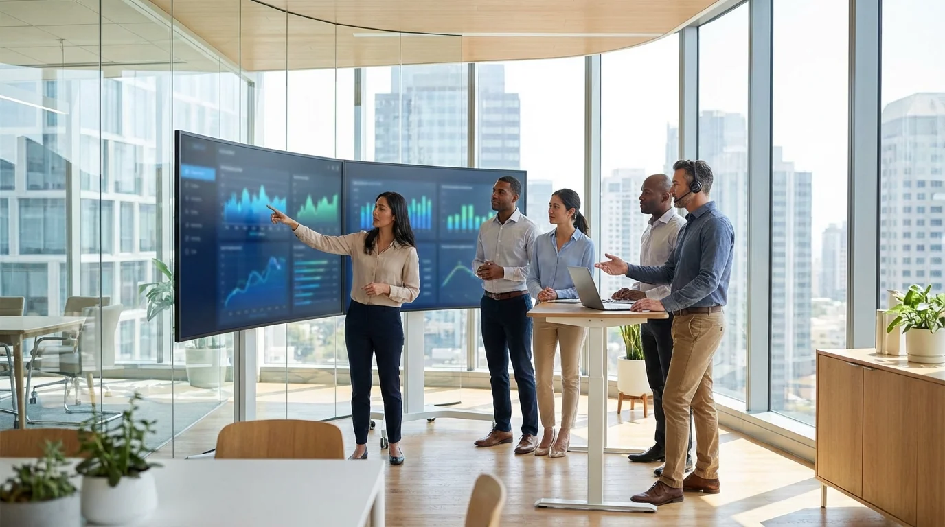 A professional team working together in a modern glass-walled office, using technology to monitor real-time data and providing personalized support, bright natural lighting, no signage or branding.