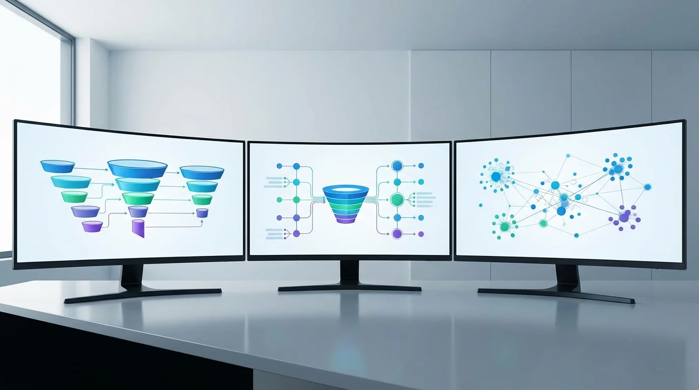 Professional marketing team analyzing multi-touch attribution models on multiple monitors, showing complex funnel diagrams and data points representing the customer journey.