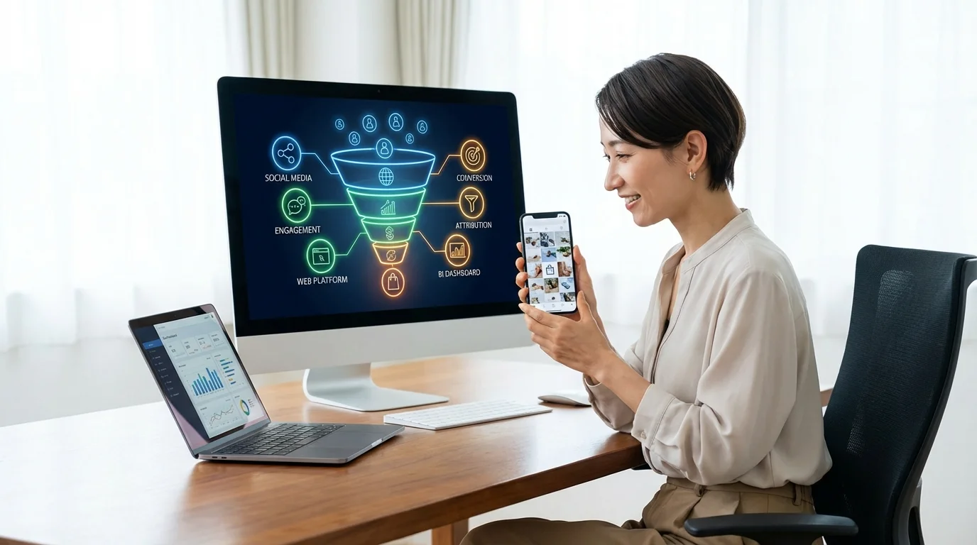 Detailed data visualization of a marketing funnel showing user journey stages from social media discovery to final purchase on a web platform, highlighting attribution modeling and business intelligence.