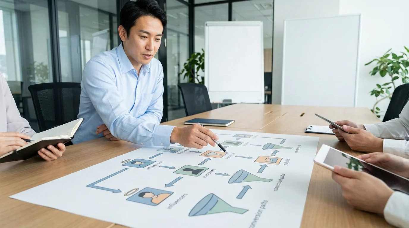 Strategic planning session with a focus on digital architecture, showing professional hands pointing at a strategy map with icons representing influencers, customers, and conversion paths.