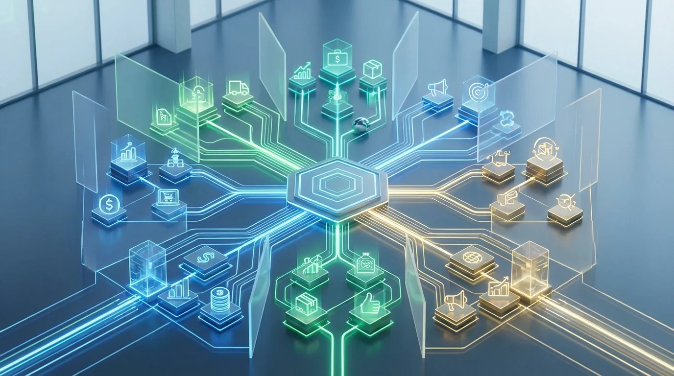 A sophisticated visualization of a digital network and data integration, representing the seamless connection of diverse business information systems into a unified platform.