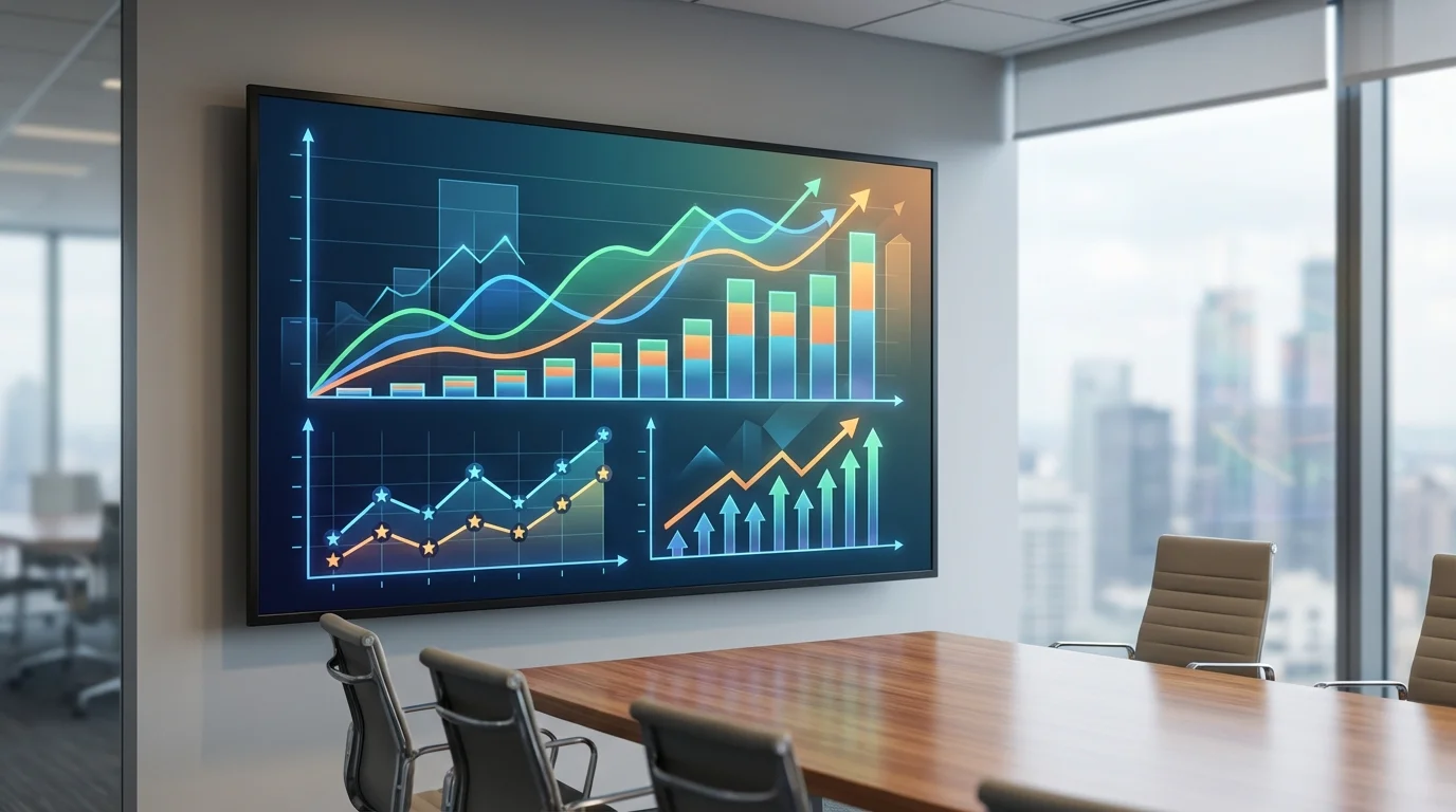 Detailed financial and marketing dashboard showing growth curves and bar charts, highlighting the correlation between customer reviews and the increase in long-term customer value.